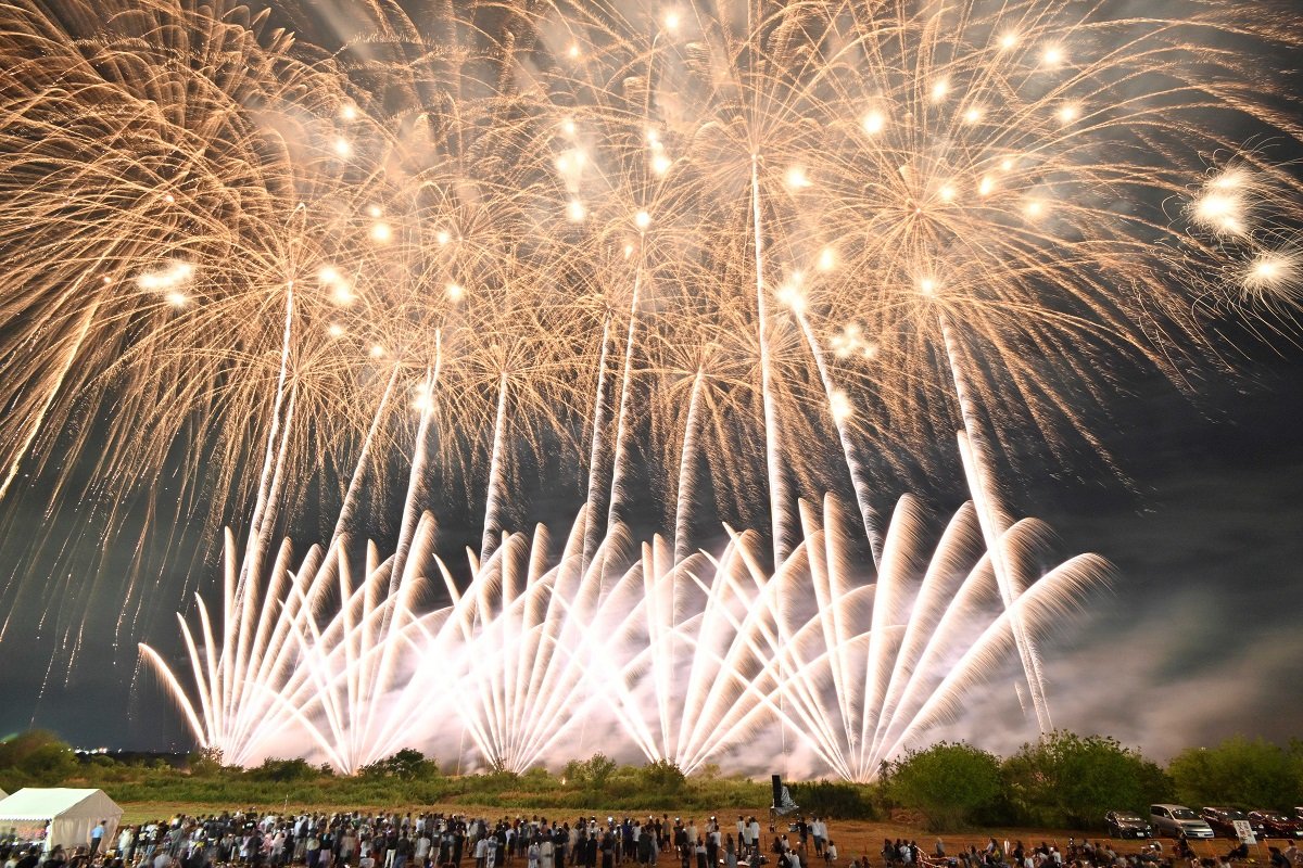 昨年の大垣花火大会を締めくくったワイドスターマイン＝２０２４年７月