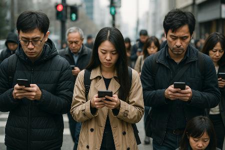 　人工知能（ＡＩ）にみんなが依存した社会のイメージ。これは生成ＡＩに作らせた写真です（人工知能学会提供）