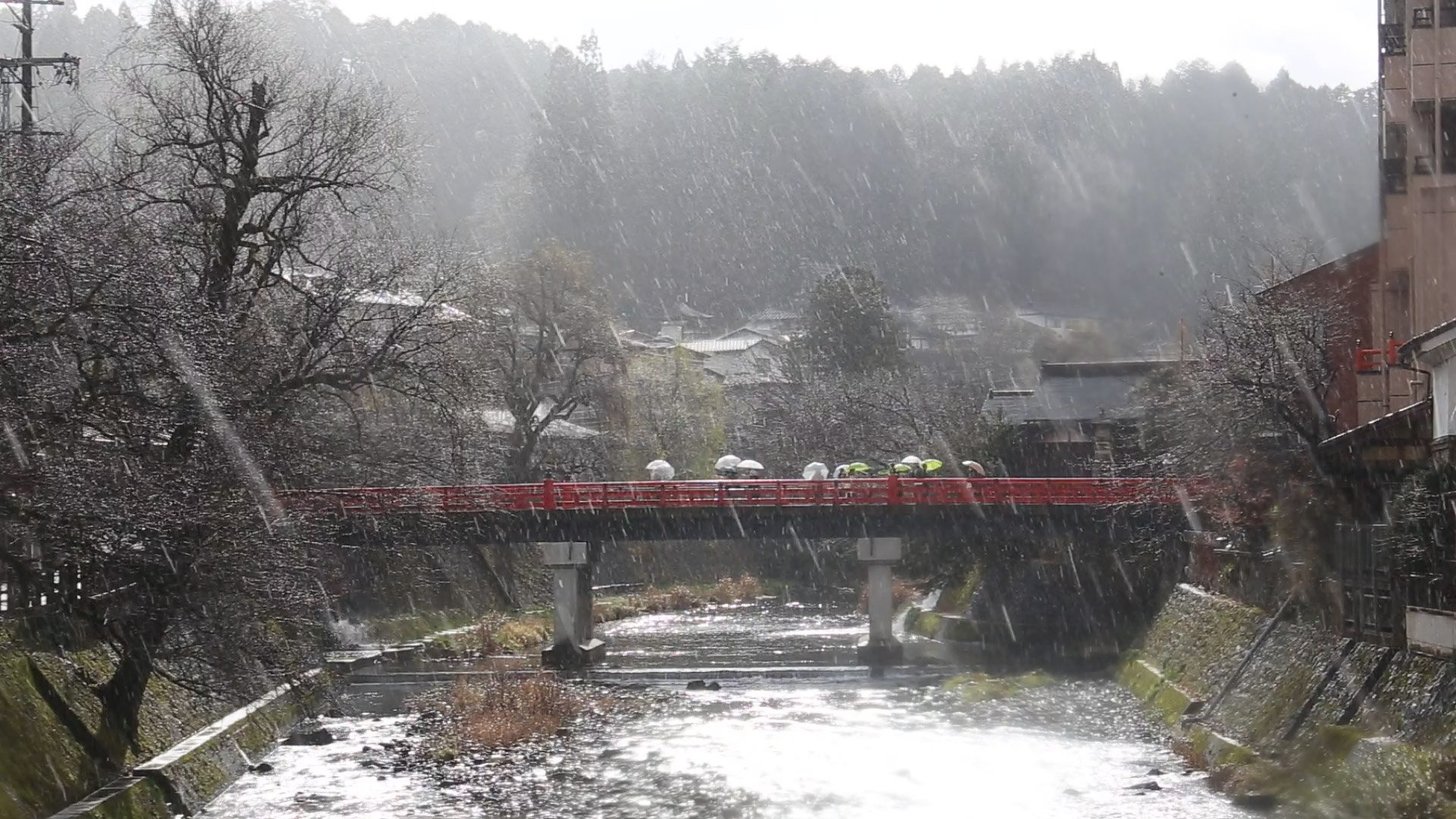 降雪が見られた高山市中心部＝１４日午前
