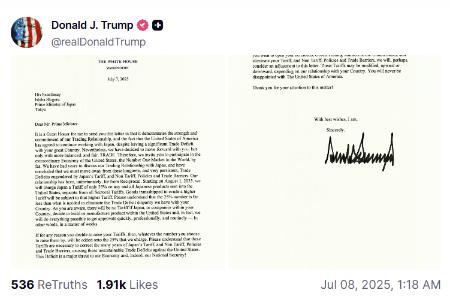 　トランプ米大統領が自身のＳＮＳで公開した、日本宛ての関税に関する文書（ＳＮＳトゥルース・ソーシャルから）