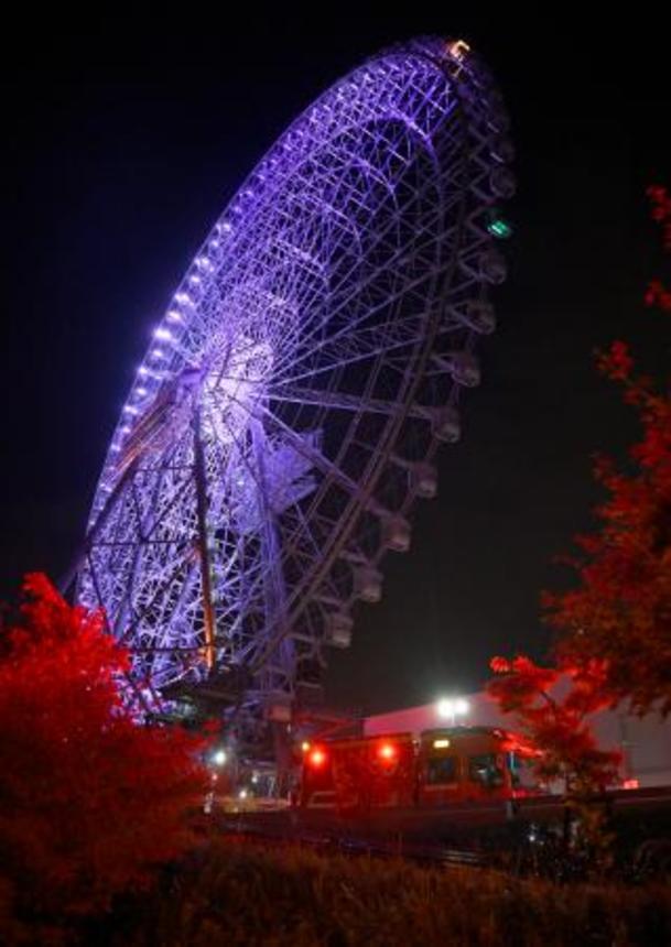 　閉じ込められた乗客の救助活動が行われた大阪府吹田市の商業施設「エキスポシティ」内の観覧車＝２６日午前２時３０分