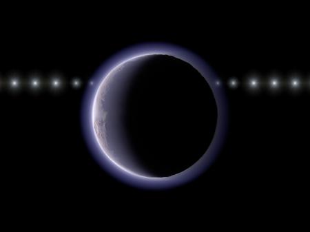 　太陽系外縁天体２００２ＸＶ９３（中央）が恒星の手前を通過する様子の想像図。天体の近くで恒星が減光している（国立天文台提供）