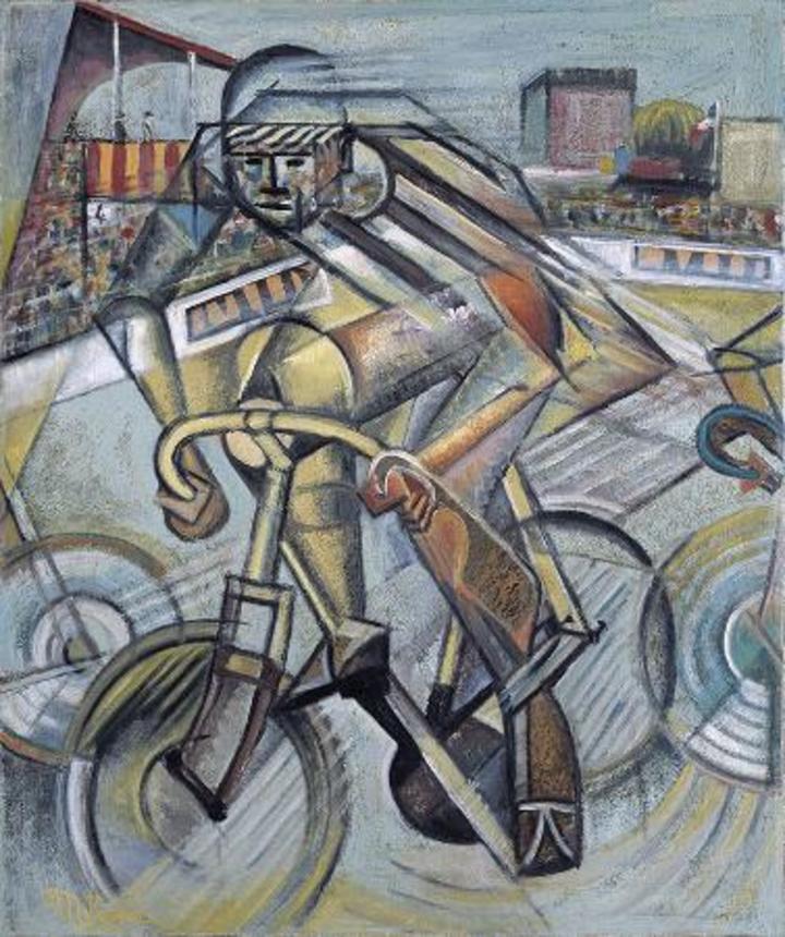 　贋作と判断された油彩画「自転車乗り」（徳島県立近代美術館提供）
