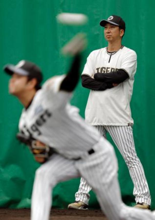 　投球練習を見守る阪神・藤川監督＝宜野座