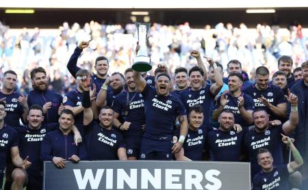 　ラグビーの欧州６カ国対抗で、フランスを５０―４０で破ったスコットランド＝７日、エディンバラ（ロイター＝共同）