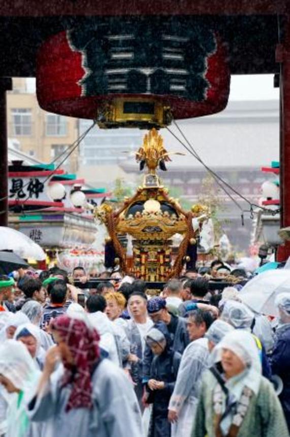 　浅草神社の三社祭で雷門をくぐるみこし。中日の「連合渡御」が行われ、雨の中集まった大勢の見物客を魅了した＝１７日午後、東京都台東区