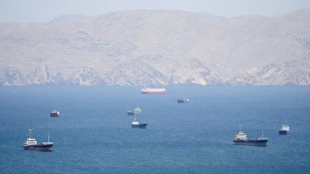 　２７日、オマーン沖のホルムズ海峡に浮かぶ船舶（ロイター＝共同）