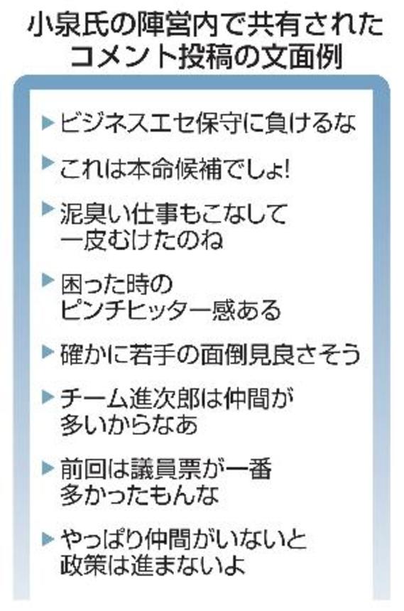 　小泉氏の陣営内で共有されたコメント投稿の文面例
