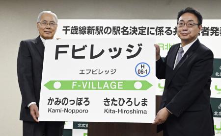 　記者会見で新駅名称「Ｆビレッジ」を発表する北海道北広島市の上野正三市長（左）とＪＲ北海道の綿貫泰之社長＝４日午後、北広島市