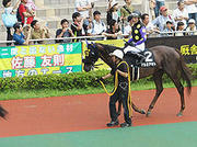 「二度と出ない逸材　佐藤友則　地方のエース」と書かれた横断幕の前を周回する笠松の佐藤騎手とマルヨアキト