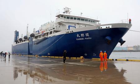 　オホーツク海での操業を終え、仙台港に入った商業捕鯨の母船「関鯨丸」＝８日午前、仙台市