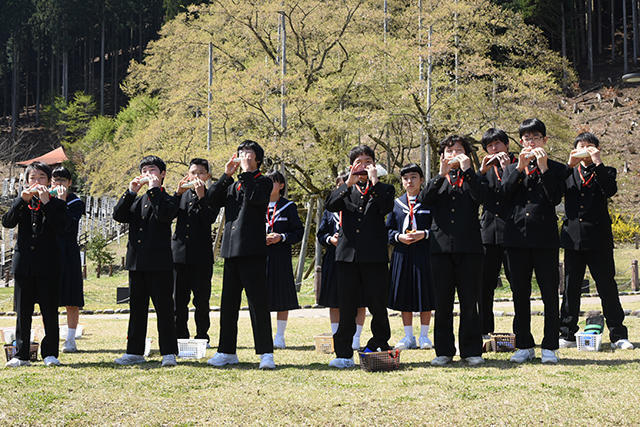 淡墨桜の前で伝統のオカリナの演奏を披露する生徒たち＝同