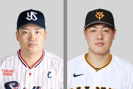 　（左から）ヤクルトの村上宗隆内野手、巨人の岡本和真内野手