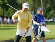 　最終ラウンド、１８番でバーディーを奪いガッツポーズする西郷真央＝カールトンウッズ・クラブ（共同）