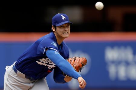 　メッツ戦前に実戦形式の練習に登板したドジャースの大谷翔平＝２５日、ニューヨーク（ＡＰ＝共同）