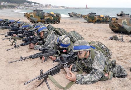 　韓国海兵隊の上陸訓練＝２０１７年、韓国・浦項の海岸（共同）