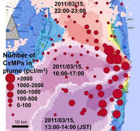 　福島第１原発から放出された放射性プルーム（雲）１立方メートル当たりのセシウムを含んだ微粒子の個数。円が大きいほど多い（宇都宮聡・台湾大教授提供）