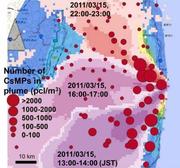　福島第１原発から放出された放射性プルーム（雲）１立方メートル当たりのセシウムを含んだ微粒子の個数。円が大きいほど多い（宇都宮聡・台湾大教授提供）