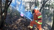 林野火災を想定して、山中で消火作業を行う航空自衛隊岐阜基地と各務原市消防本部の隊員たち＝同市鵜沼、伊木山