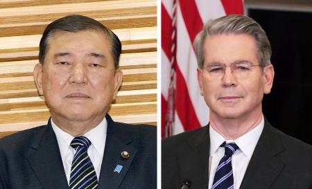 　石破茂首相（左）、ベセント米財務長官（ゲッティ＝共同）