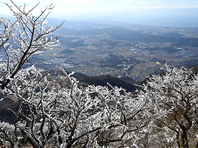太陽の光に照らされてキラキラと光る樹氷。奥には琵琶湖が広がる＝５日午後０時４６分、滋賀県米原市上野、伊吹山
