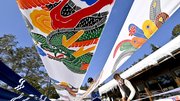 好天の下、天日にさらされる飛騨染の反物＝９日午前１０時２５分、高山市越後町、ゆはら染工