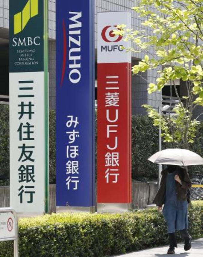 　大手銀行各社の看板＝４月、東京都江東区