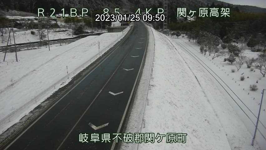 国道２１号沿いに雪が積もる不破郡関ケ原町内（岐阜国道事務所のライブカメラより）
