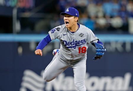　ブルージェイズ戦に先発したドジャース・山本＝トロント（共同）