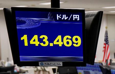 　一時１ドル＝１４３円台を付けた円相場を示すモニター＝２４日午前、東京都港区の外為どっとコム
