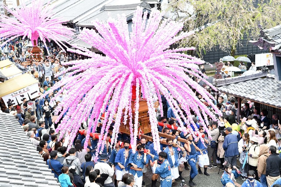 うだつの上がる町並みを華やかに彩る花みこし＝８日午後０時１２分、美濃市加治屋町