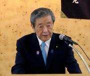 　自民党会合であいさつする森山幹事長＝１４日午前、鹿児島市