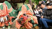 絵馬殿で奉納された獅子舞＝９日午前、岐阜県高山市、桜山八幡宮