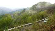 今季の全線営業が始まり、山頂駐車場を目指して走る車両＝岐阜・滋賀県境、伊吹山ドライブウェイ
