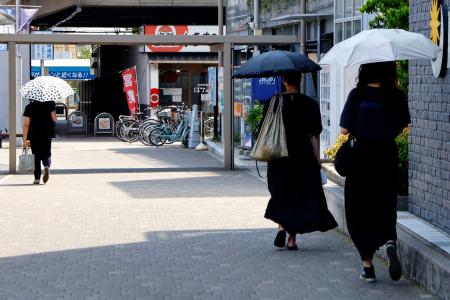 　ＪＲ前橋駅前を日傘を差して歩く人たち＝５日午後