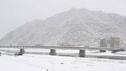 雪化粧した金華山。手前は長良橋＝８日午前８時２４分、岐阜市内