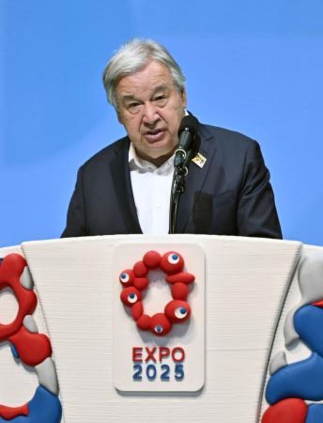 　国連のスペシャルデーであいさつするグテレス事務総長＝２２日午前、大阪市此花区の夢洲