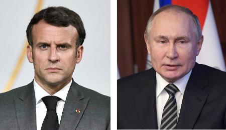 　フランスのマクロン大統領（ロイター＝共同）、ロシアのプーチン大統領（タス＝共同）
