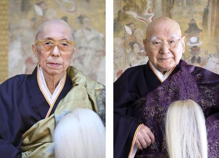 　永平寺の貫首に就任した羽仁素道氏（左）、貫首を退任した南沢道人氏（いずれも大本山永平寺提供）