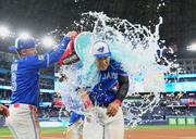 　試合後に手荒い祝福を受ける、５号ソロを放ったブルージェイズ・岡本＝トロント（共同）