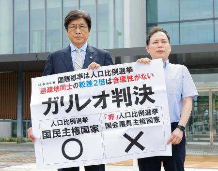 　衆院選「１票の格差」訴訟の判決後、名古屋高裁金沢支部前で判断を非難する紙を掲げる伊藤真弁護士（左）ら＝１７日午後