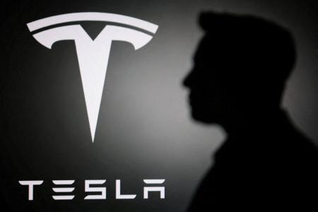 　米テスラのロゴとイーロン・マスクＣＥＯの影絵＝６月１１日（ロイター＝共同）