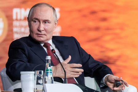 　２０日、ロシア・サンクトペテルブルクで、国際経済フォーラムの全体会合に出席したプーチン大統領（タス＝共同）