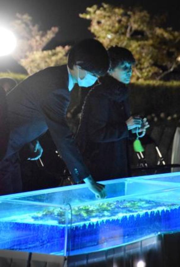 　中華航空機墜落事故から３１年となり、水槽に花を供える参列者＝２６日夜、愛知県春日井市