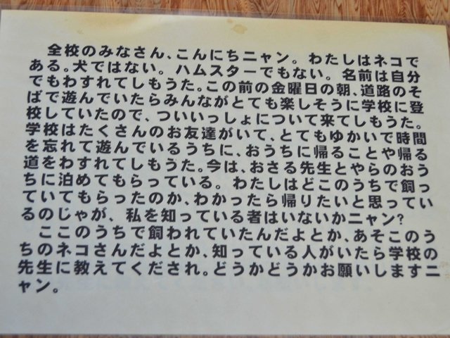長男の誠二さんが当時のこどもたち向けに作ったネコに関する情報を呼び掛ける文面