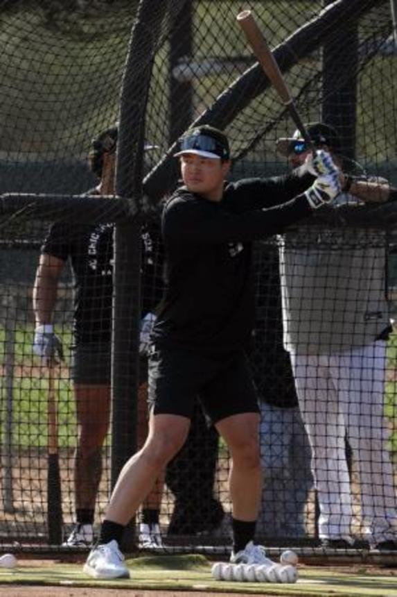 　打撃練習をする村上宗隆＝１０日、グレンデール（イマジンイメージズ・ロイター＝共同）