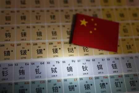 　レアアースなどが記載された中国語表記の元素周期表（共同）