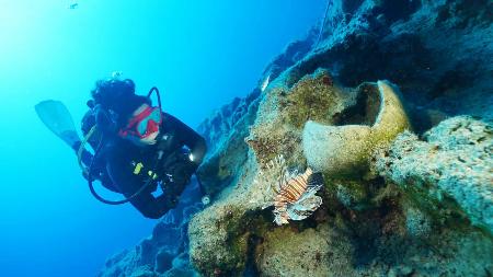 　トルコ南部のケコワ島沖の沈没船発掘調査で見つかった「アンフォラ」と呼ばれるつぼ＝９月（アクデニズ大のハカン・オニズ准教授提供・共同）