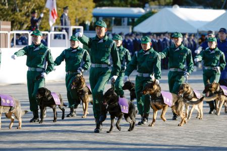 　警視庁の「年頭部隊出動訓練」で行進する警察犬部隊＝９日午前、東京都新宿区