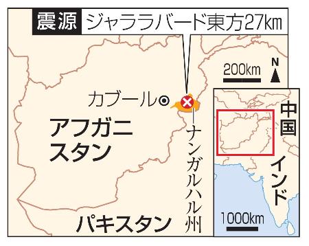 　アフガニスタン・ナンガルハル州ジャララバード東方（震源）、カブール